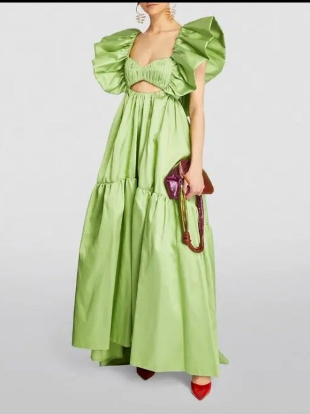 Sandra Mansour Green Ruffle Shoulder Foret Maxi Gown Tag Sz 40/Fit Sz 4